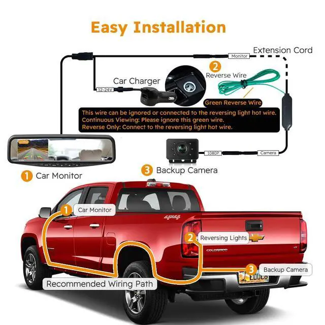 Alt view image 3 of 7 - Backup Camera for car 1080P HD Wired Kit, Continuous or Reverse Viewing, 4.3'' Clip-on Mirror Monitor with Waterproof Night Vision Car Rear View License Plate Camera for Car Pickup Truck SUV Trailer