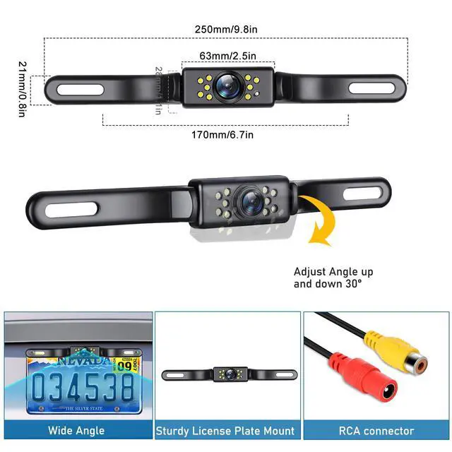 Alt view image 5 of 7 - Backup Camera, AHD 1080P Rear View License Plate Camera, Night Vision Reverse Camera with 9 LEDs, Wide Angle IP69K Waterproof Rear Camera for 12-24V Car Vehicle SUV RV