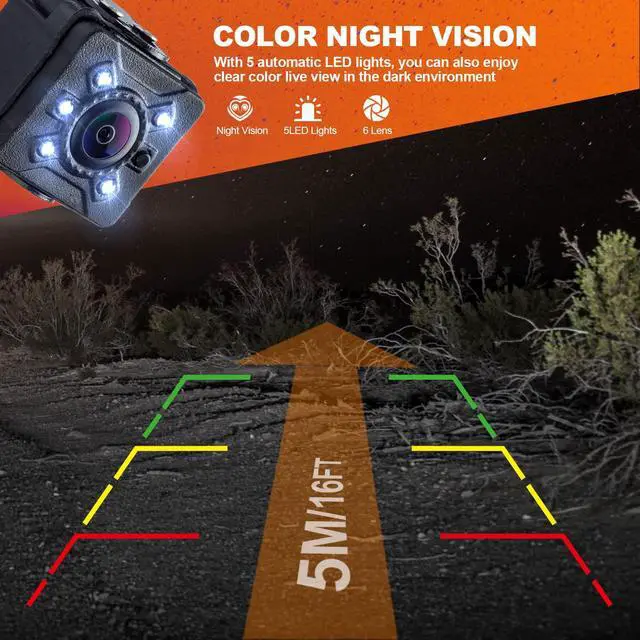 Alt view image 4 of 7 - 180° Wide Angle Reverse Camera with Night Vision, IP69K Waterproof Rear View Camera with 5 LED Lights, CVBS/AHD Signal, Parking Guidelines, Front/Rear Mount, 26ft Cable Universal for Car Truck RV