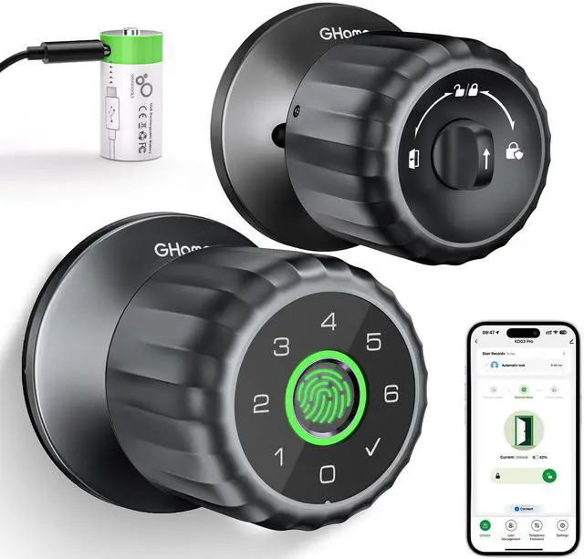 Main image of Fingerprint Door Lock, 4-in-1 Fingerprint Door Knob with Keypad, App Control, Keys, Removable & Rechargeable Battery, Door Locks for Bedroom, Home, Garage, Storage Room