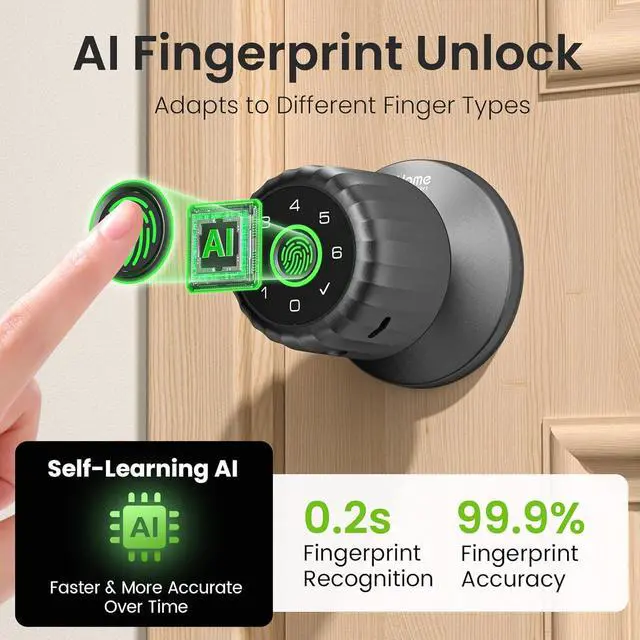 Alt view image 3 of 7 - Fingerprint Door Lock, 4-in-1 Fingerprint Door Knob with Keypad, App Control, Keys, Removable & Rechargeable Battery, Door Locks for Bedroom, Home, Garage, Storage Room