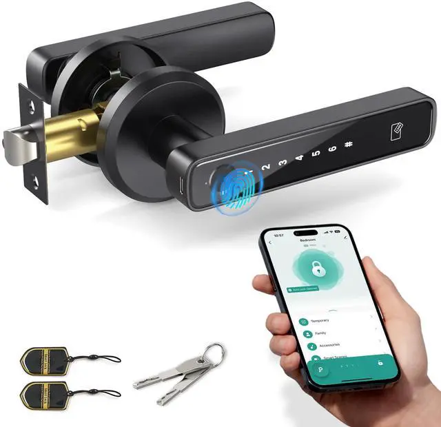 Main image of Smart Fingerprint Door Lock with Keypad Handle - Keyless Entry via Biometric, APP, Code, Keys & Card for Bedroom, Office, Hotel, Apartment - Black