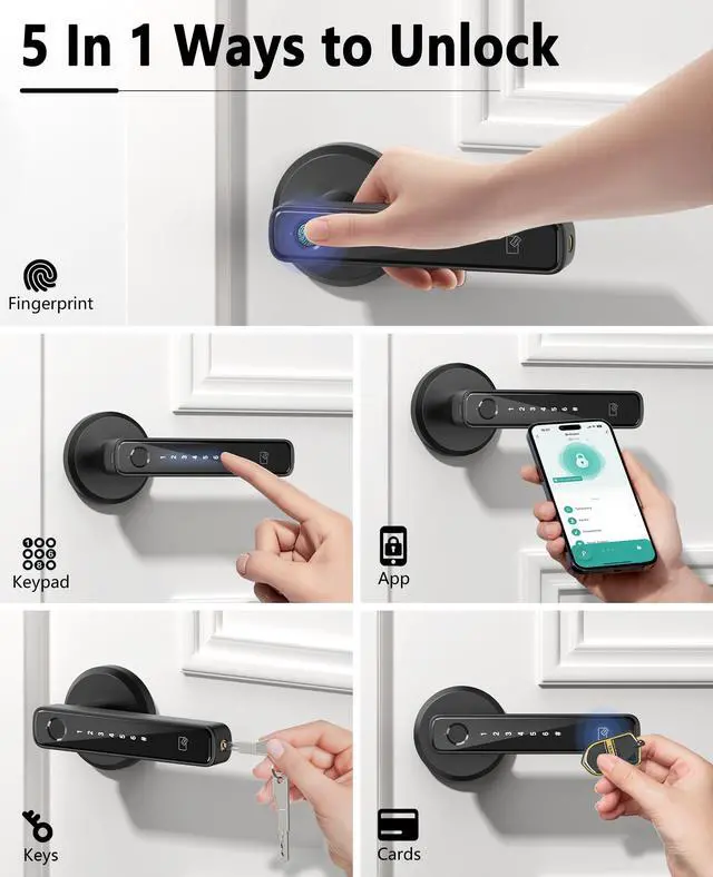Alt view image 3 of 7 - Smart Fingerprint Door Lock with Keypad Handle - Keyless Entry via Biometric, APP, Code, Keys & Card for Bedroom, Office, Hotel, Apartment - Black