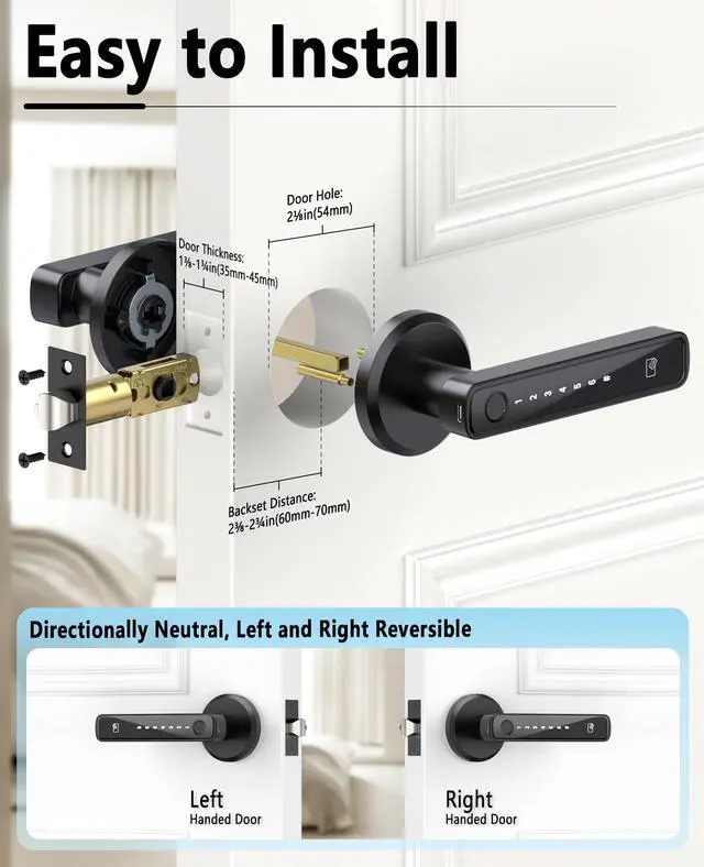 Alt view image 6 of 7 - Smart Fingerprint Door Lock with Keypad Handle - Keyless Entry via Biometric, APP, Code, Keys & Card for Bedroom, Office, Hotel, Apartment - Black