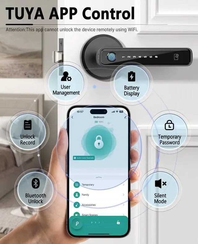 Alt view image 4 of 7 - Smart Fingerprint Door Lock with Keypad Handle - Keyless Entry via Biometric, APP, Code, Keys & Card for Bedroom, Office, Hotel, Apartment - Black
