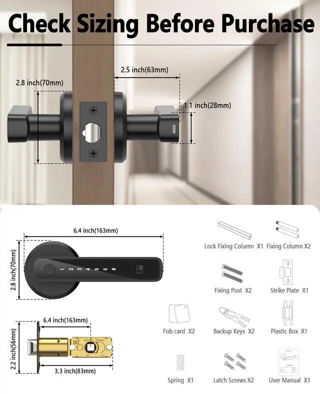 Alt view image 7 of 7 - Smart Fingerprint Door Lock with Keypad Handle - Keyless Entry via Biometric, APP, Code, Keys & Card for Bedroom, Office, Hotel, Apartment - Black