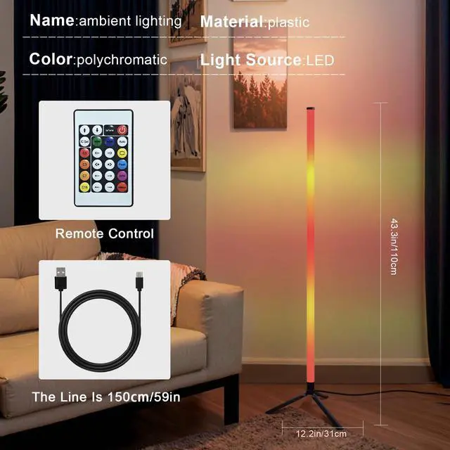 Alt view image 6 of 7 - Corner Floor Lamp with Music Sync, Smart Modern LED Corner with Remote Control, RGB DIY LED Lamp Changing Ambience Light, Color Changing Standing Floor Lamp for Living Room Gaming Room