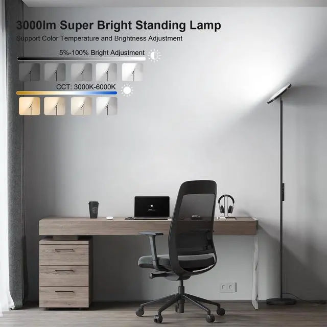 Alt view image 2 of 7 - Floor Lamps for Living Room, 32W/3000LM Super Bright LED Floor Lamp with Remote Control, 69" Tall Standing Lamp with Stepless Dimmable, Modern Torchiere Corner Lamp for Bedroom, Office