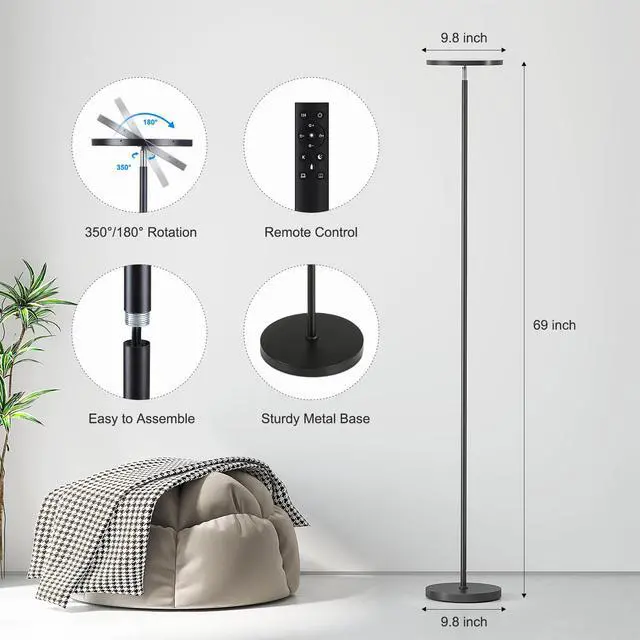 Alt view image 3 of 7 - Floor Lamps for Living Room, 32W/3000LM Super Bright LED Floor Lamp with Remote Control, 69" Tall Standing Lamp with Stepless Dimmable, Modern Torchiere Corner Lamp for Bedroom, Office