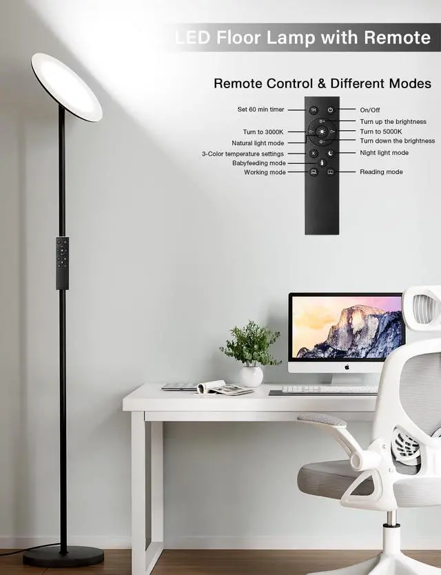 Alt view image 3 of 7 - Modern LED Floor Lamp - Remote & Touch Control, 40W/2400LM Sky Torchiere Standing Lamp, Fully Dimmable, 3 Color Temperatures, Ideal for Living Room & Bedroom, Easy to Assemble