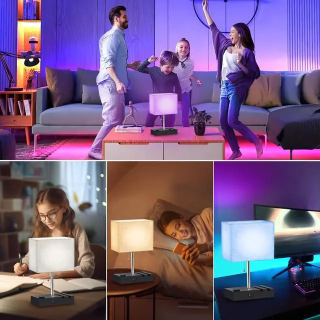 Alt view image 2 of 7 - RGB Smart Table Lamp with Remote Control - Alexa Lamp for Bedroom with Voice & APP Control & Music Sync, Dimmable Nightstand Lamp with Charging Station for Living Room, Alexa Bulb Included