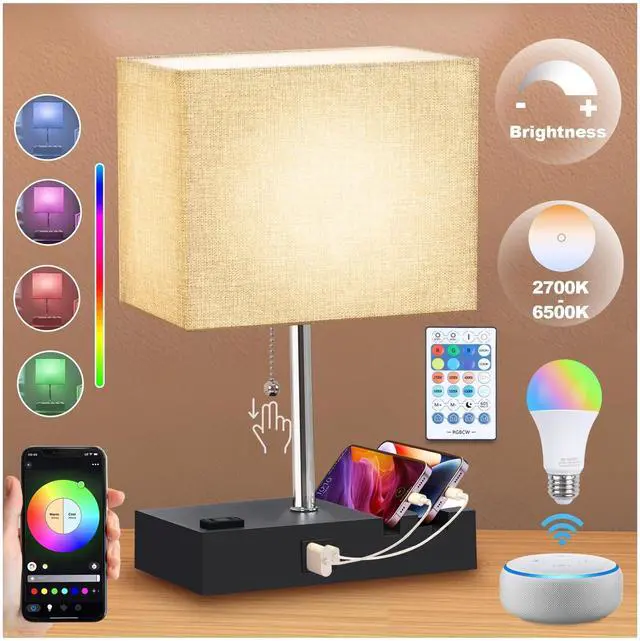 Main image of RGB Smart Table Lamp with Remote Control - Alexa Lamp for Bedroom with Voice & APP Control & Music Sync, Dimmable Nightstand Lamp with Charging Station for Living Room, Alexa Bulb Included