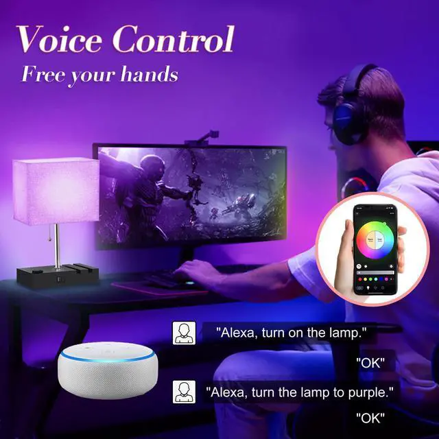 Alt view image 5 of 7 - RGB Smart Table Lamp with Remote Control - Alexa Lamp for Bedroom with Voice & APP Control & Music Sync, Dimmable Nightstand Lamp with Charging Station for Living Room, Alexa Bulb Included