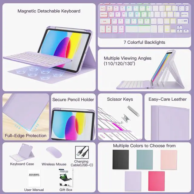 Alt view image 3 of 7 - for iPad 11th (A16, 2025) / 10th Generation Case with Keyboard, Mouse and Detachable Wireless Keyboard, 7-Color Backlight, Slim Case with Pencil Holder, Light Purple