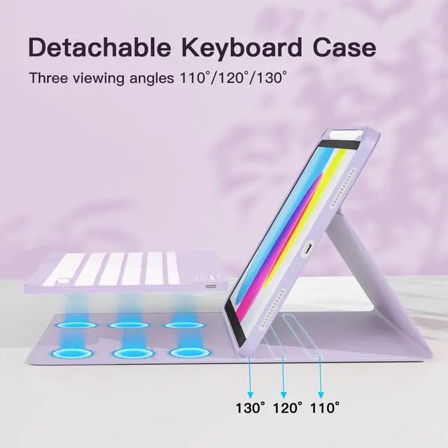 Alt view image 5 of 7 - for iPad 11th (A16, 2025) / 10th Generation Case with Keyboard, Mouse and Detachable Wireless Keyboard, 7-Color Backlight, Slim Case with Pencil Holder, Light Purple