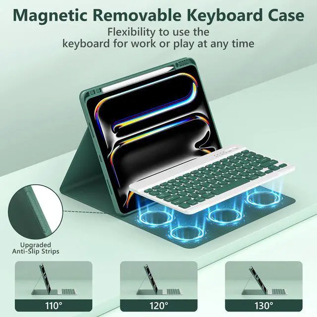 Alt view image 4 of 7 - Keyboard Case for iPad Pro 13 inch (M5/M4) 2025/2024, Magnetic Detachable Colorful Keys for iPad Pro 13 inch Case with Keyboard, Folio Case for iPad pro 13'' M5/M4 with Pencil Holder - Green