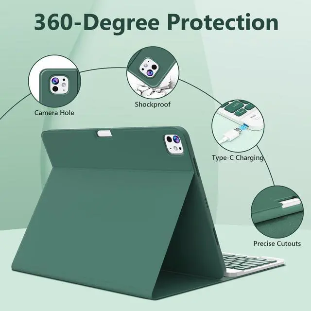 Alt view image 6 of 7 - Keyboard Case for iPad Pro 13 inch (M5/M4) 2025/2024, Magnetic Detachable Colorful Keys for iPad Pro 13 inch Case with Keyboard, Folio Case for iPad pro 13'' M5/M4 with Pencil Holder - Green