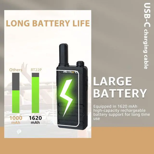 Alt view image 3 of 7 - RT22P Walkie Talkies Long Range, Rechargeable FRS Two Way Radios with Earpiece for Adults, New Version of RT22(2.0), 1620mAh, USB-C, VOX, Handheld Small 2 Way Radio for Camping Hiking(2 Pack)