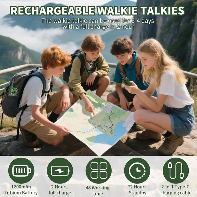 Alt view image 3 of 7 - Walkie Talkies for Kids 2 Pack Rechargeable 3 Miles Long Range Walkie Talkies with NOAA,22 Channels for 6-18 Years Old, 2 Way Radio Toys Gifts for Boys Outdoor Adventure Game Camping Hiking (Green)