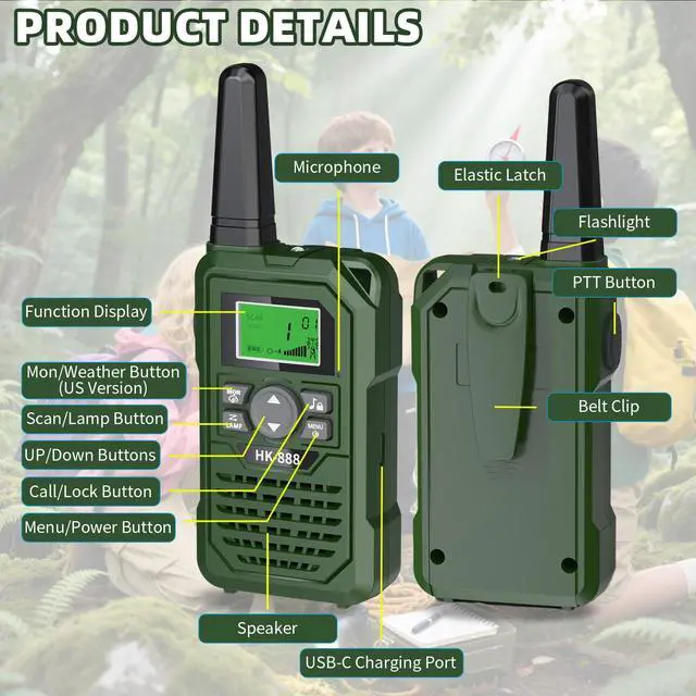 Alt view image 6 of 7 - Walkie Talkies for Kids 2 Pack Rechargeable 3 Miles Long Range Walkie Talkies with NOAA,22 Channels for 6-18 Years Old, 2 Way Radio Toys Gifts for Boys Outdoor Adventure Game Camping Hiking (Green)