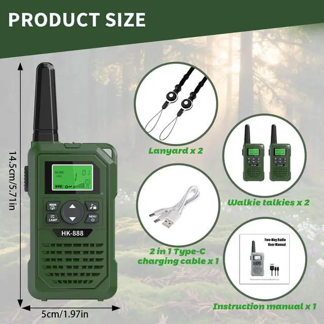 Alt view image 7 of 7 - Walkie Talkies for Kids 2 Pack Rechargeable 3 Miles Long Range Walkie Talkies with NOAA,22 Channels for 6-18 Years Old, 2 Way Radio Toys Gifts for Boys Outdoor Adventure Game Camping Hiking (Green)