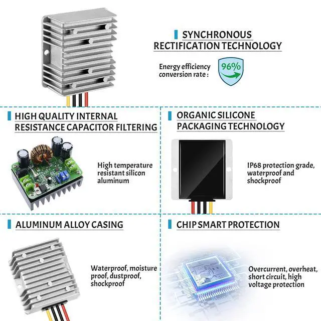 Alt view image 6 of 7 - DC 36V/48V Step Down to 12V 20A 240W Converter Regulator Reducer Voltage Regulator Reducer for Golf Cart Waterproof Power Supply Transformer Volt Module