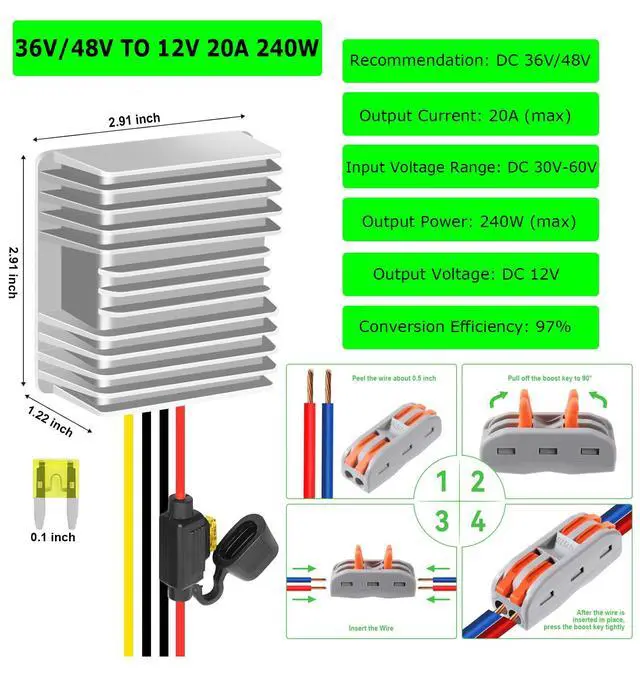 Alt view image 2 of 7 - DC-DC 36V 48V to 12V 20A 240W Step Down Converter Golf Cart Voltage Regulator Reducer Transformer with Fuse Waterproof