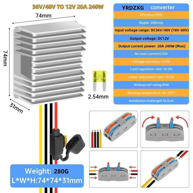 Alt view image 2 of 7 - 12V 20A 240W with Fuse 36V 48V to 12V Voltage Converter, Buck Converter Voltage Reducer, Waterproof DC Converter Module for Golf carts, Scooters, LED Lights (Input Voltage 18V-60V)