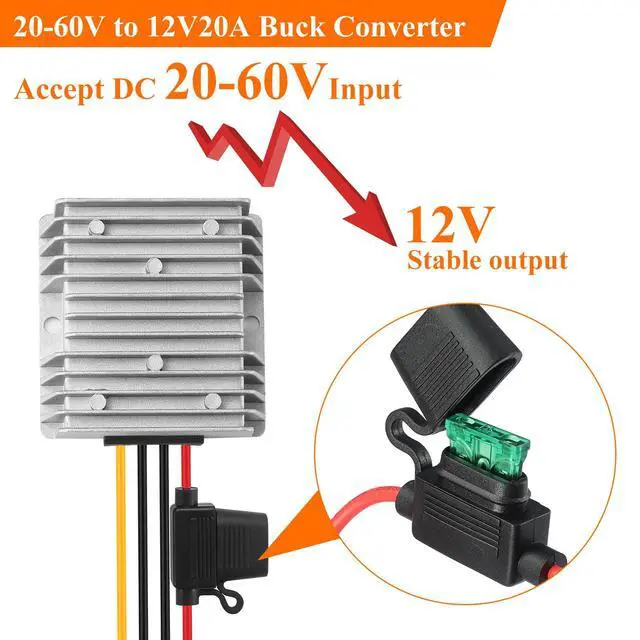 Alt view image 2 of 7 - 24V 36V 48V 60V to 12V 20A 240W DC-DC Buck Converter - Heavy Duty Waterproof 48V Step Down to 12V Voltage Regulator for Golf Carts - Overcurrent & Overtemperature Protection
