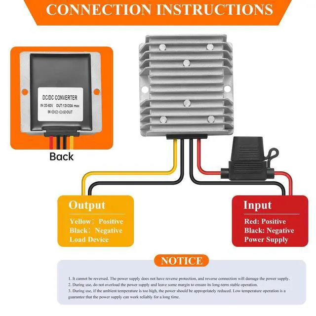 Alt view image 3 of 7 - 24V 36V 48V 60V to 12V 20A 240W DC-DC Buck Converter - Heavy Duty Waterproof 48V Step Down to 12V Voltage Regulator for Golf Carts - Overcurrent & Overtemperature Protection