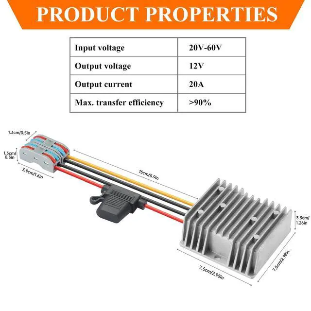 Alt view image 6 of 7 - 24V 36V 48V 60V to 12V 20A 240W DC-DC Buck Converter - Heavy Duty Waterproof 48V Step Down to 12V Voltage Regulator for Golf Carts - Overcurrent & Overtemperature Protection