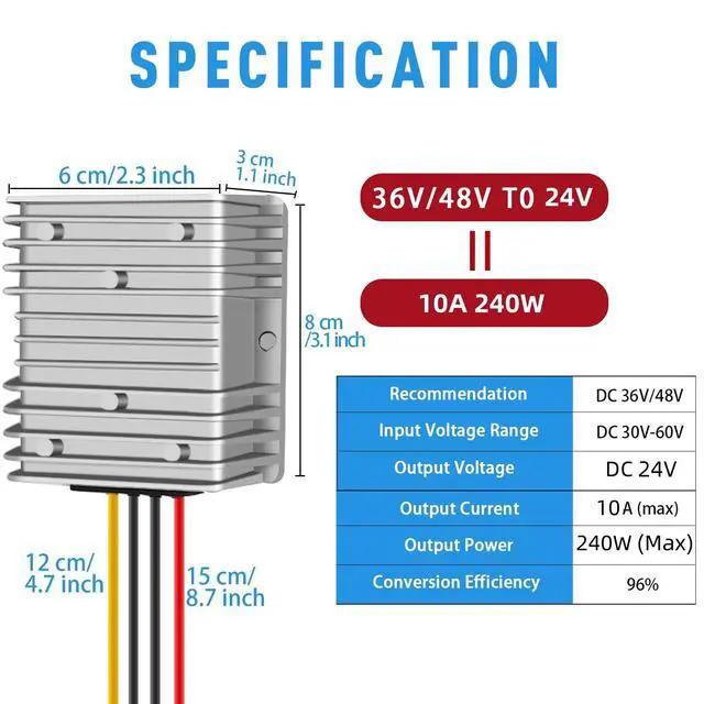 Alt view image 3 of 7 - DC-DC 24V 10A 240W Power Converter 36V/48V to 24V with Fuse Golf Cart Waterproof Buck Converter, Regulator, Reducer