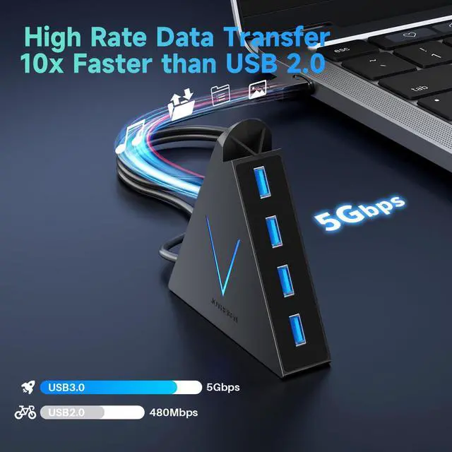 Alt view image 2 of 7 - 4-Port USB 3.0 Hub, FlyingVHUB USB Hub Tower with 2 ft Extended Cable,USB Splitter for Laptop,PC,PS4,PS5,Xbox,Mouse,Keyboard, Flash Drive, U-Disk (Black)