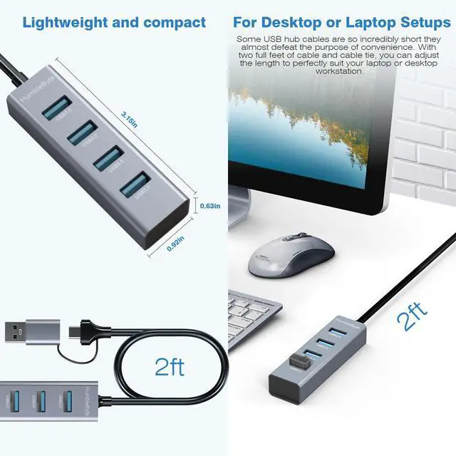 Alt view image 3 of 7 - 4-Port USB 3.0 Hub,Aluminum USB Port Extender, 2 Ft Long Cable USB Splitter, 5Gpbs Data Transfer, Gray, for Laptop, PC, MacBook, MAC, Mobile HDD, Mouse, Keyboard, Flash Drive,and More...