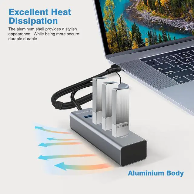 Alt view image 4 of 7 - 4-Port USB 3.0 Hub,Aluminum USB Port Extender, 2 Ft Long Cable USB Splitter, 5Gpbs Data Transfer, Gray, for Laptop, PC, MacBook, MAC, Mobile HDD, Mouse, Keyboard, Flash Drive,and More...