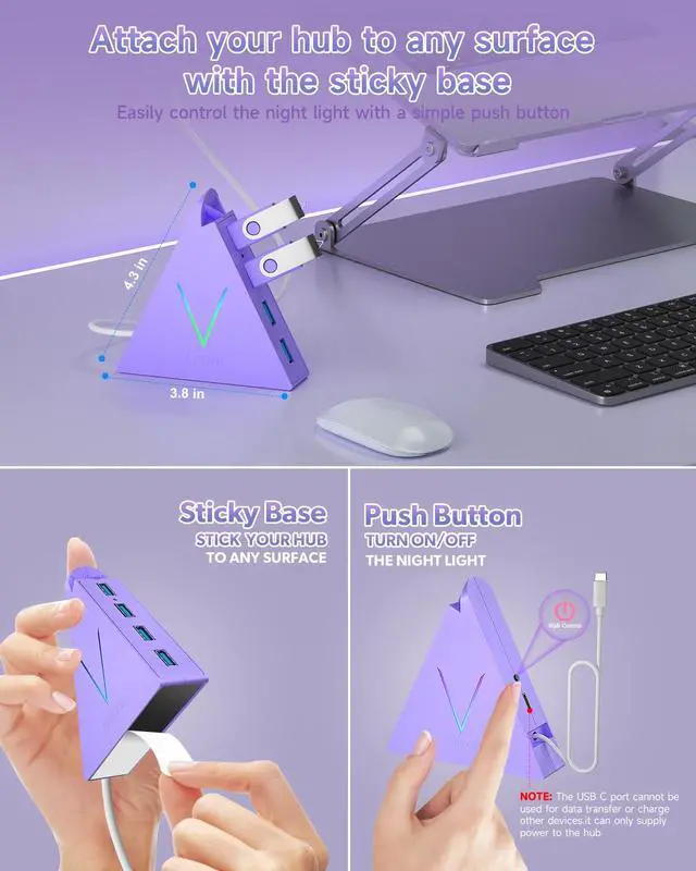 Alt view image 2 of 7 - USB C Hub, USB Type C to 4-Port USB 3.0 Adapter for MacBook, Surface, Laptop, Flash Drive, Mouse, Keyboard, HDD (2ft, Light Purple)