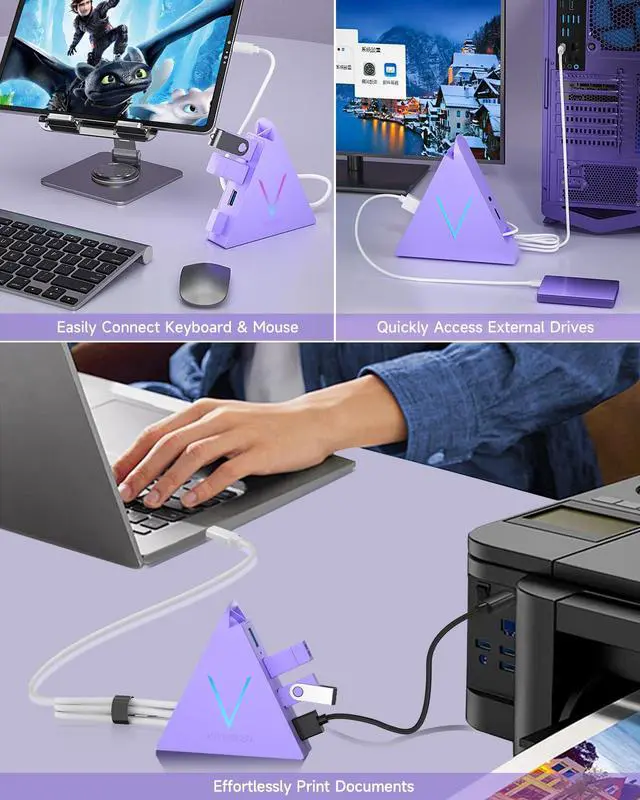 Alt view image 3 of 7 - USB C Hub, USB Type C to 4-Port USB 3.0 Adapter for MacBook, Surface, Laptop, Flash Drive, Mouse, Keyboard, HDD (2ft, Light Purple)