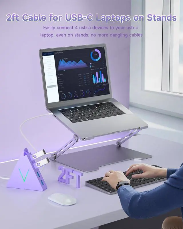 Alt view image 5 of 7 - USB C Hub, USB Type C to 4-Port USB 3.0 Adapter for MacBook, Surface, Laptop, Flash Drive, Mouse, Keyboard, HDD (2ft, Light Purple)