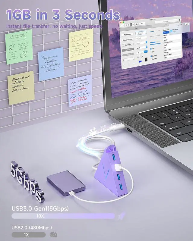 Alt view image 4 of 7 - USB C Hub, USB Type C to 4-Port USB 3.0 Adapter for MacBook, Surface, Laptop, Flash Drive, Mouse, Keyboard, HDD (2ft, Light Purple)