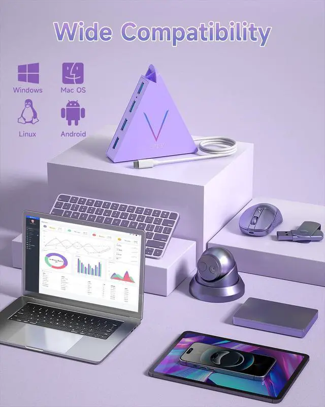 Alt view image 6 of 7 - USB C Hub, USB Type C to 4-Port USB 3.0 Adapter for MacBook, Surface, Laptop, Flash Drive, Mouse, Keyboard, HDD (2ft, Light Purple)