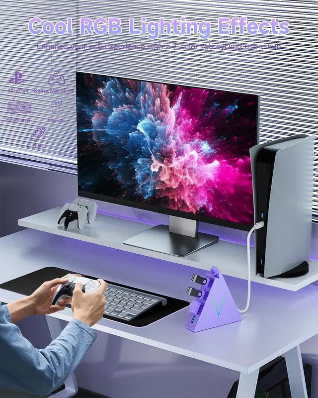 Alt view image 7 of 7 - USB C Hub, USB Type C to 4-Port USB 3.0 Adapter for MacBook, Surface, Laptop, Flash Drive, Mouse, Keyboard, HDD (2ft, Light Purple)