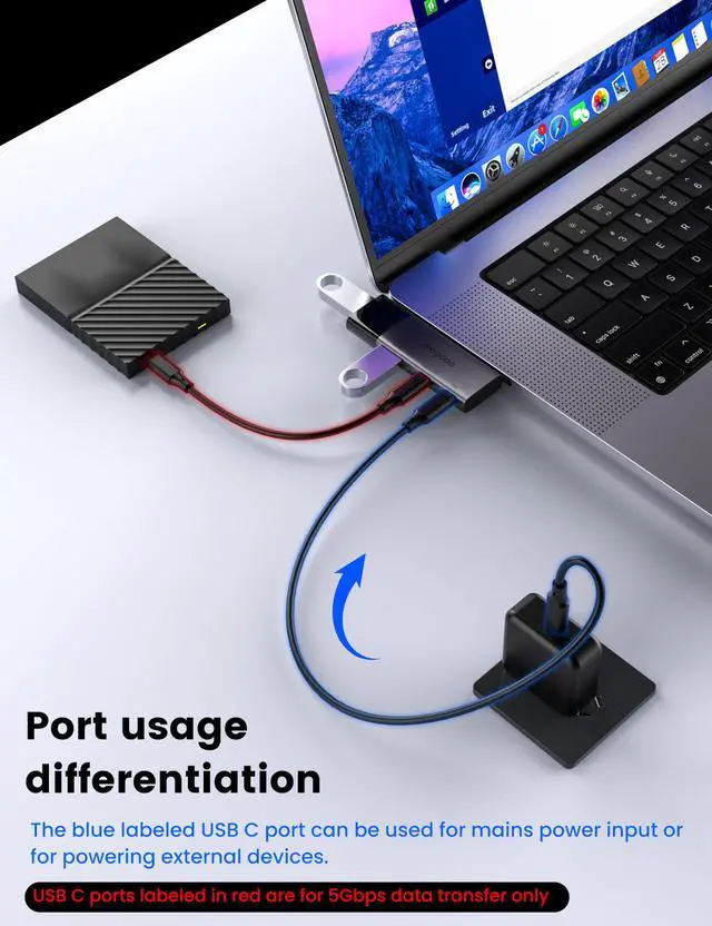 Alt view image 2 of 6 - USB 3.0 Hub, Multiport USB Adapter 2 USB3.0 Ports Type C 3.0 PD 100W for MacBook,Laptop