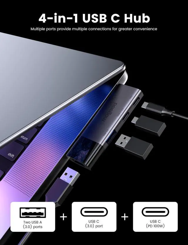 Alt view image 4 of 6 - USB 3.0 Hub, Multiport USB Adapter 2 USB3.0 Ports Type C 3.0 PD 100W for MacBook,Laptop