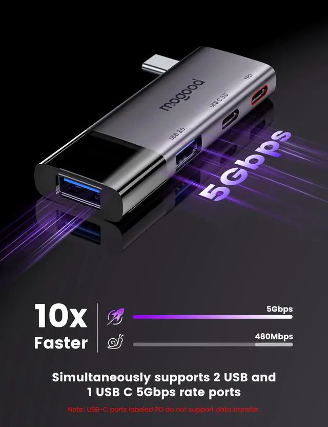 Alt view image 5 of 6 - USB 3.0 Hub, Multiport USB Adapter 2 USB3.0 Ports Type C 3.0 PD 100W for MacBook,Laptop