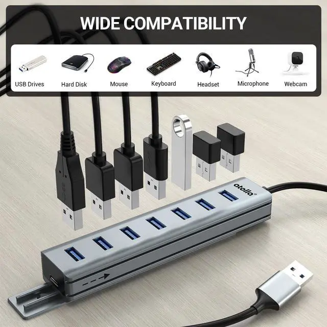 Alt view image 3 of 7 - 7-Port USB 3.0 Hub with Removable Sliding Rails - High-Speed Data Splitter for Desk Organization & Stable Connection, Compatible with MacBook, Laptop, PS4, PC