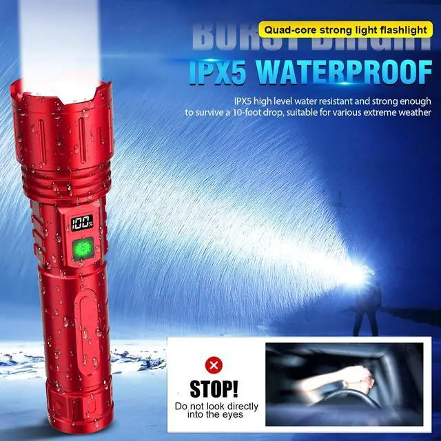 Alt view image 4 of 7 - Rechargeable Flashlights High Lumens - 1500 Meters Long Beam Super Bright LED Flash Light with Power Display & IPX5 Waterproof for Camping, 20H Runtime,5 Modes,Zoomable Handheld Flashlight -2pcs Red