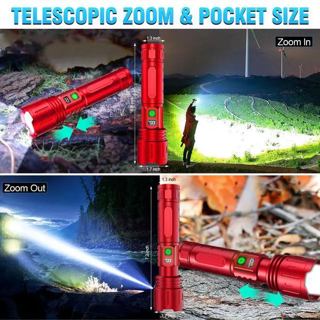 Alt view image 5 of 7 - Rechargeable Flashlights High Lumens - 1500 Meters Long Beam Super Bright LED Flash Light with Power Display & IPX5 Waterproof for Camping, 20H Runtime,5 Modes,Zoomable Handheld Flashlight -2pcs Red