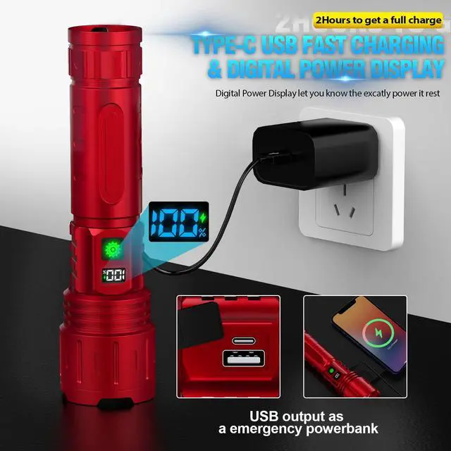 Alt view image 6 of 7 - Rechargeable Flashlights High Lumens - 1500 Meters Long Beam Super Bright LED Flash Light with Power Display & IPX5 Waterproof for Camping, 20H Runtime,5 Modes,Zoomable Handheld Flashlight -2pcs Red