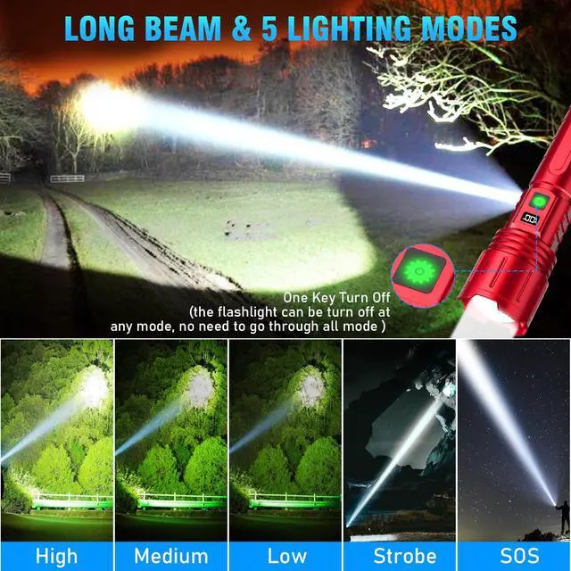Alt view image 7 of 7 - Rechargeable Flashlights High Lumens - 1500 Meters Long Beam Super Bright LED Flash Light with Power Display & IPX5 Waterproof for Camping, 20H Runtime,5 Modes,Zoomable Handheld Flashlight -2pcs Red