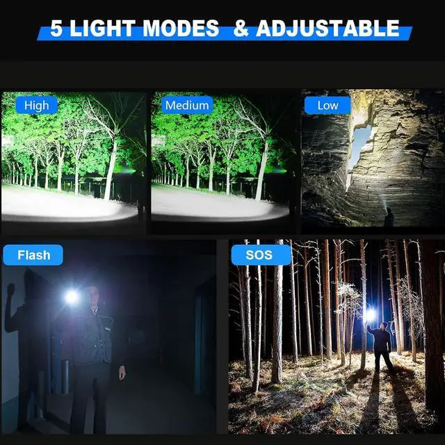 Alt view image 3 of 7 - Rechargeable LED Flashlights 10000.00 High Lumens, High Powered Waterproof Tactical Flashlight Spotlight Flashlight for Home, Bright Flashlight Black for Outdoor Camping Emergency